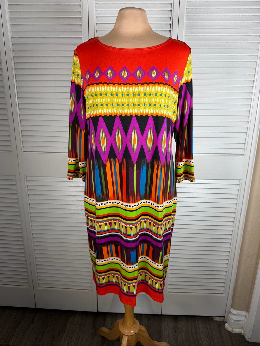 Neiman Marcus Colorful Geometric Stretch Midi Dress Made in‎ USA Size L